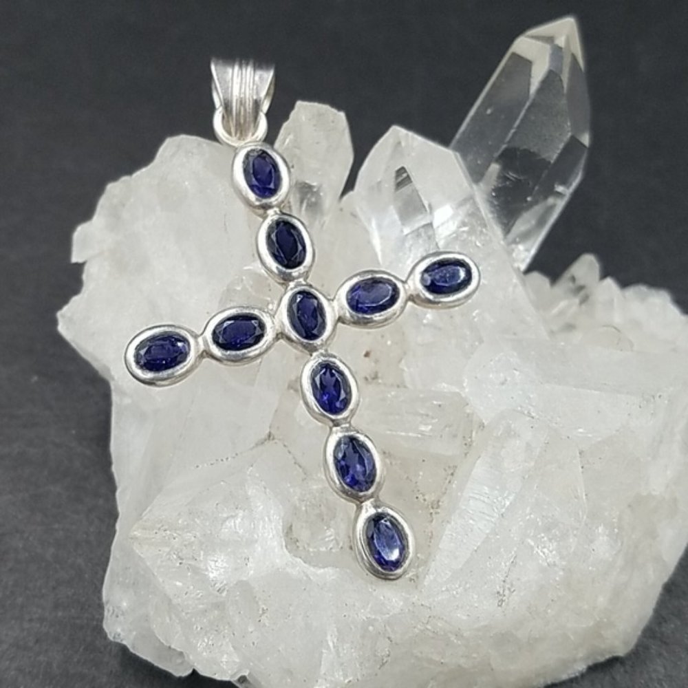Vintage Sterling Iolite Cross Pendant Large